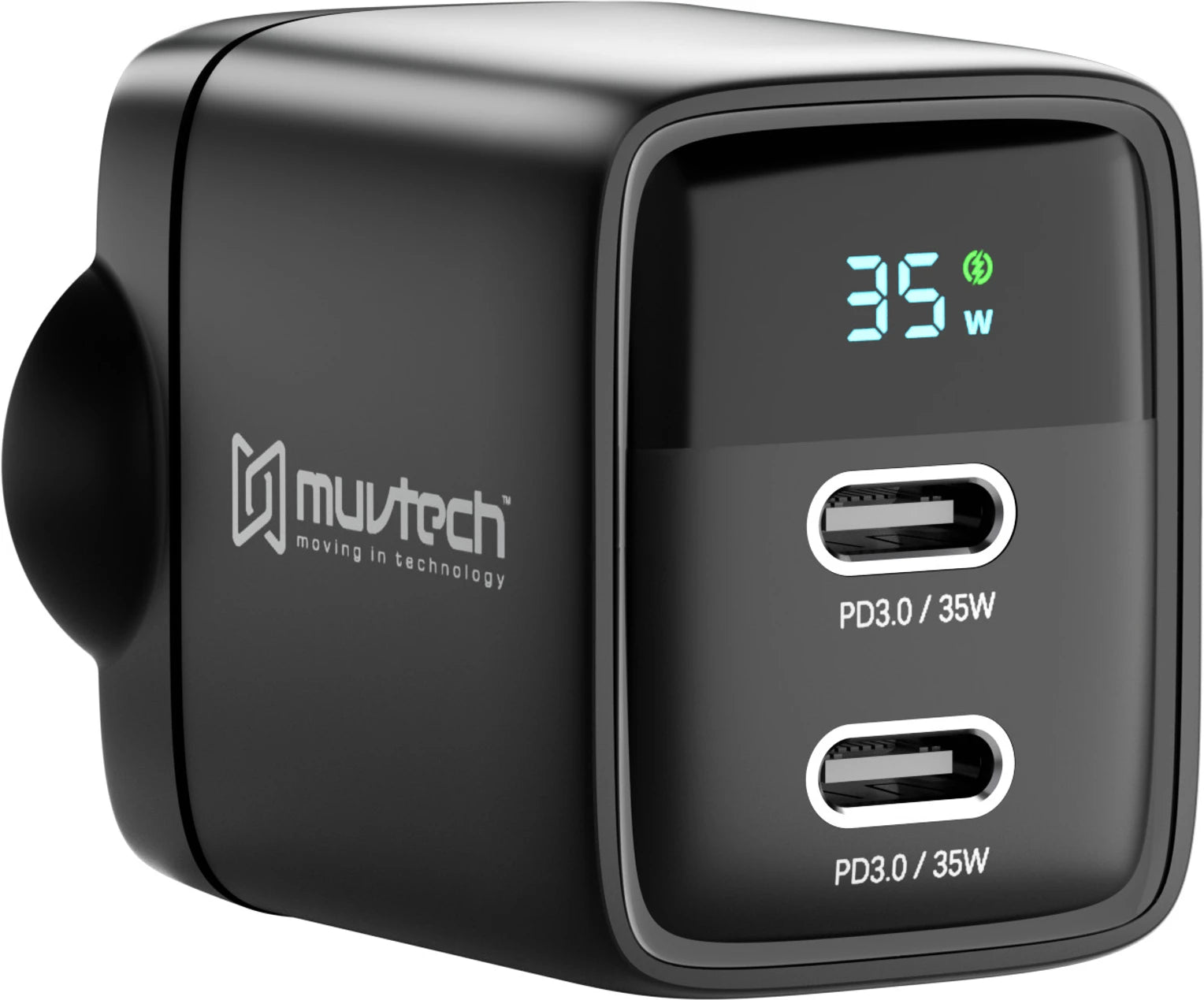 Muvtech Air Dash Mini PD35W Charger – Dual USB-C Fast Charging Adapter (Black)