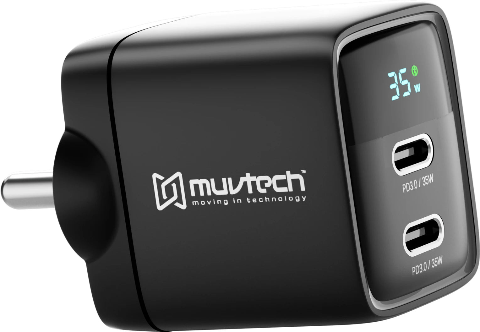 Muvtech Air Dash Mini PD35W Charger – Dual USB-C Fast Charging Adapter (Black)