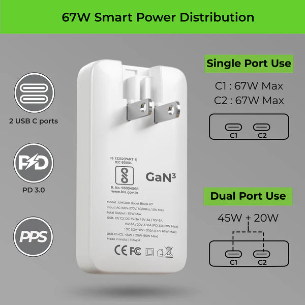 UltraProlink Boost Blade 67 Type-C Charger – Ultra Slim 67W GaN Travel Adapter