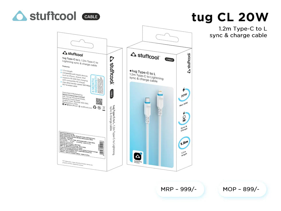 Stuffcool TUG USB-C to Lightning Cable White