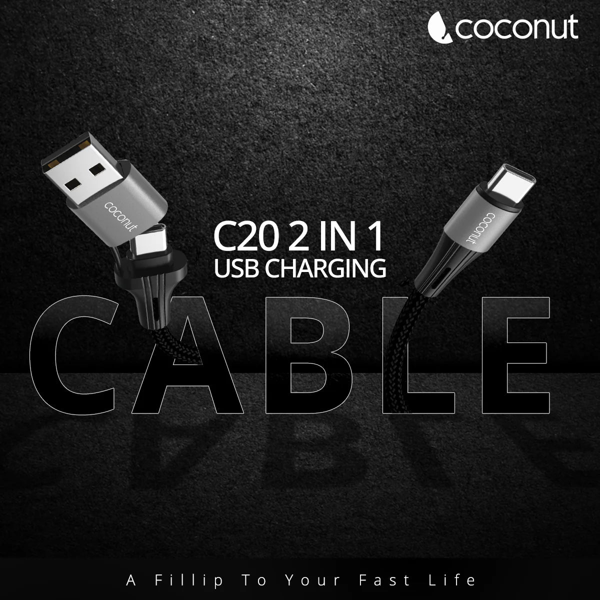Coconut 2-in-1 Type-C & USB C20 Cable – 100W Fast Charging & Data Sync Cable