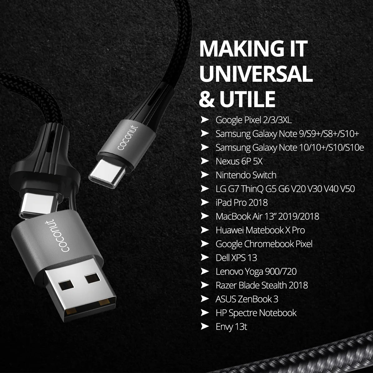 Coconut 2-in-1 Type-C & USB C20 Cable – 100W Fast Charging & Data Sync Cable