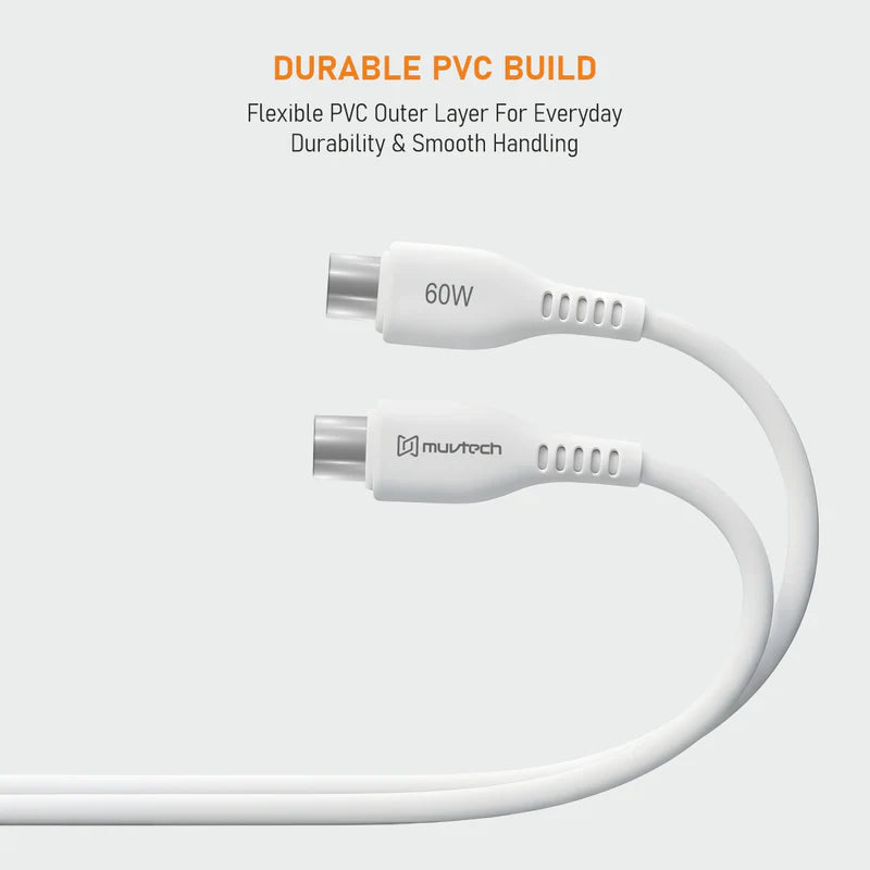 Muvtech CORD-X USB-C to USB-C Cable – 60W Fast Charging Cable (White)