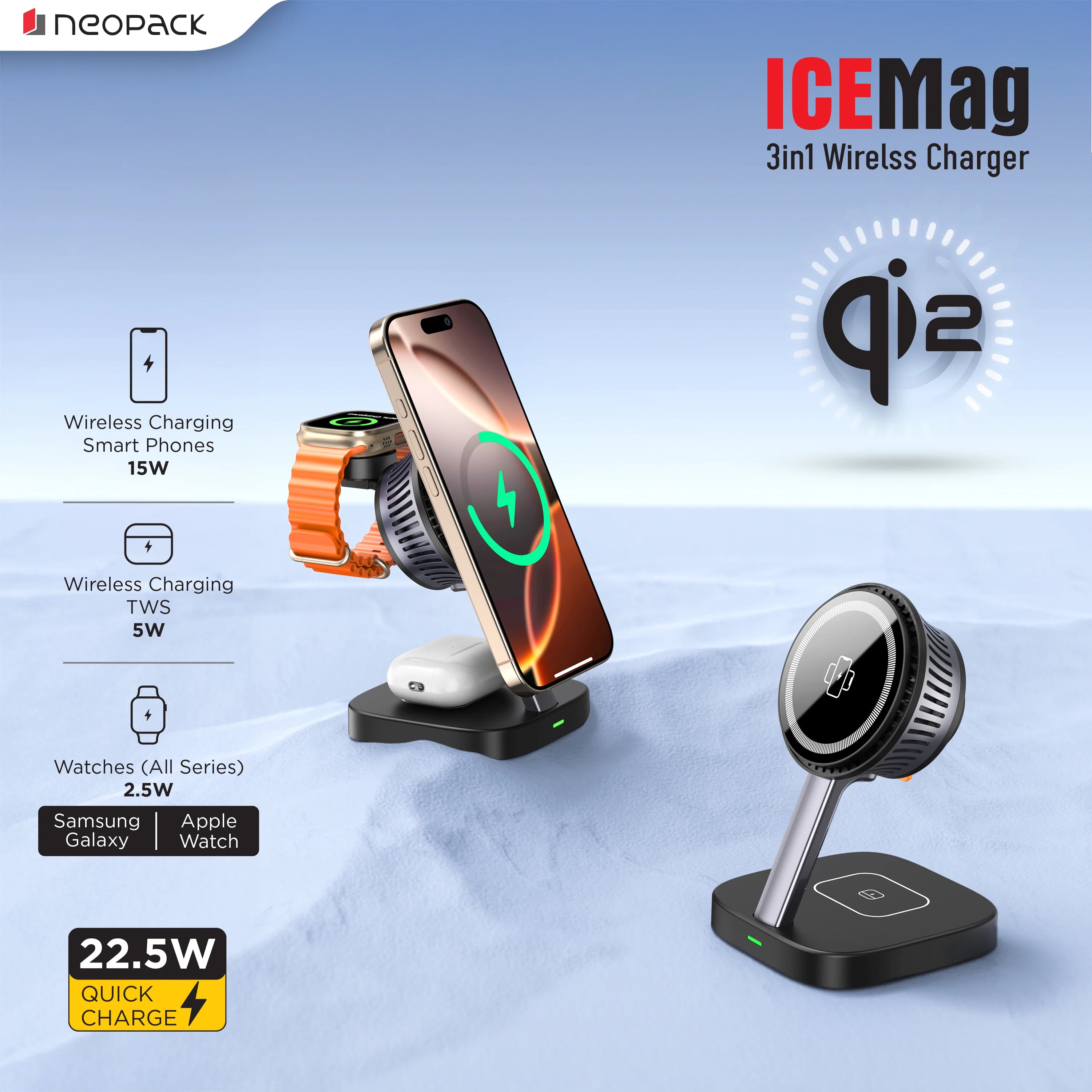 Neopack ICEMag 3-in-1 22.5W Wireless Charger – Qi2 Magnetic Charging Station (Black)