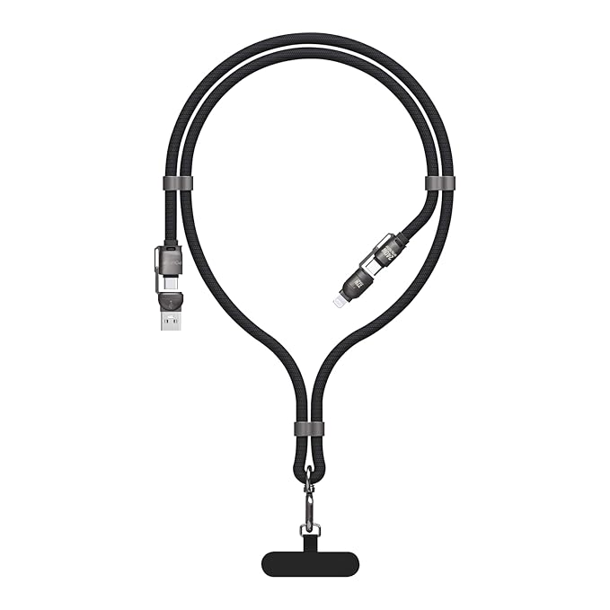 GRIPP PowerUp Lanyard 4-in-1 Cable – Fast Charging & Data Sync Cable (Black)