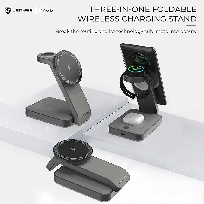Lenyes Magnetic Wireless 15W Charger PW313 – Foldable 3-in-1 Wireless Charging Station
