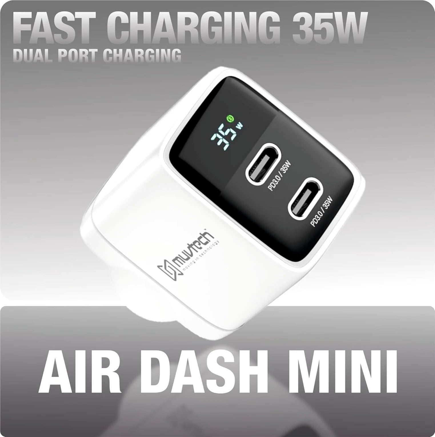 Muvtech Air Dash Mini PD35W Charger – Dual USB-C Fast Charging Adapter