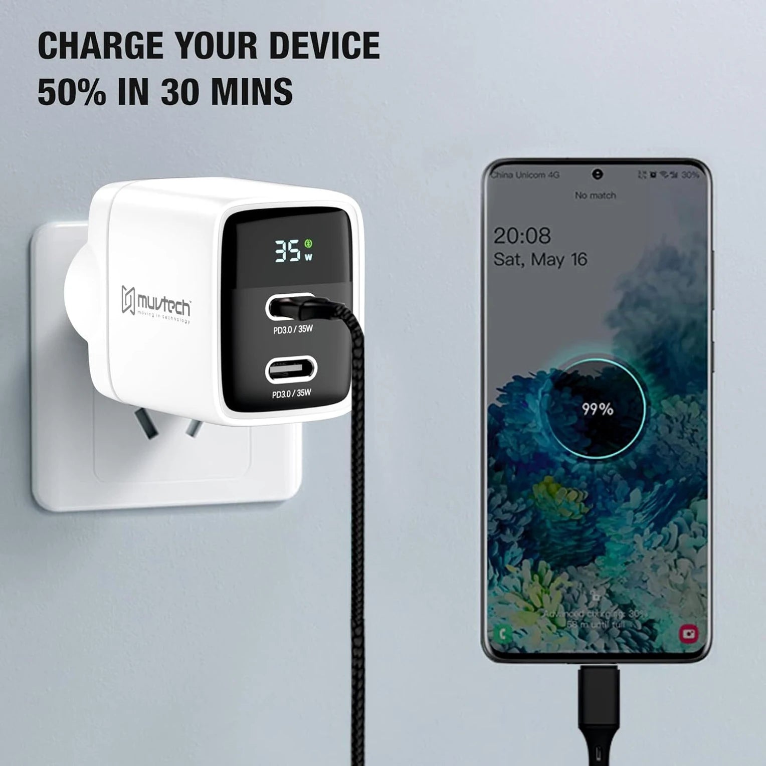 Muvtech Air Dash Mini PD35W Charger – Dual USB-C Fast Charging Adapter
