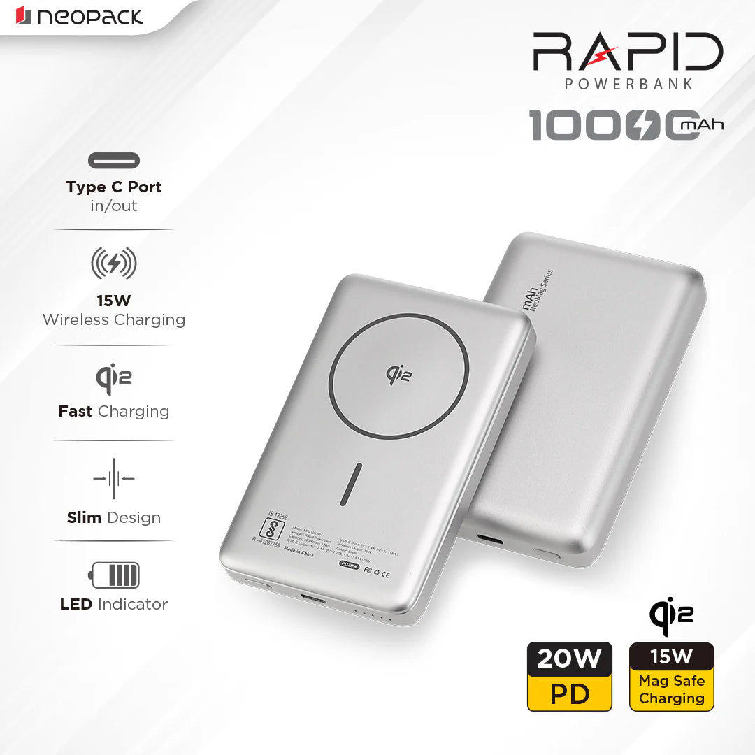 Neopack Rapid Pro Qi2 10000mAh Wireless Power Bank Silver