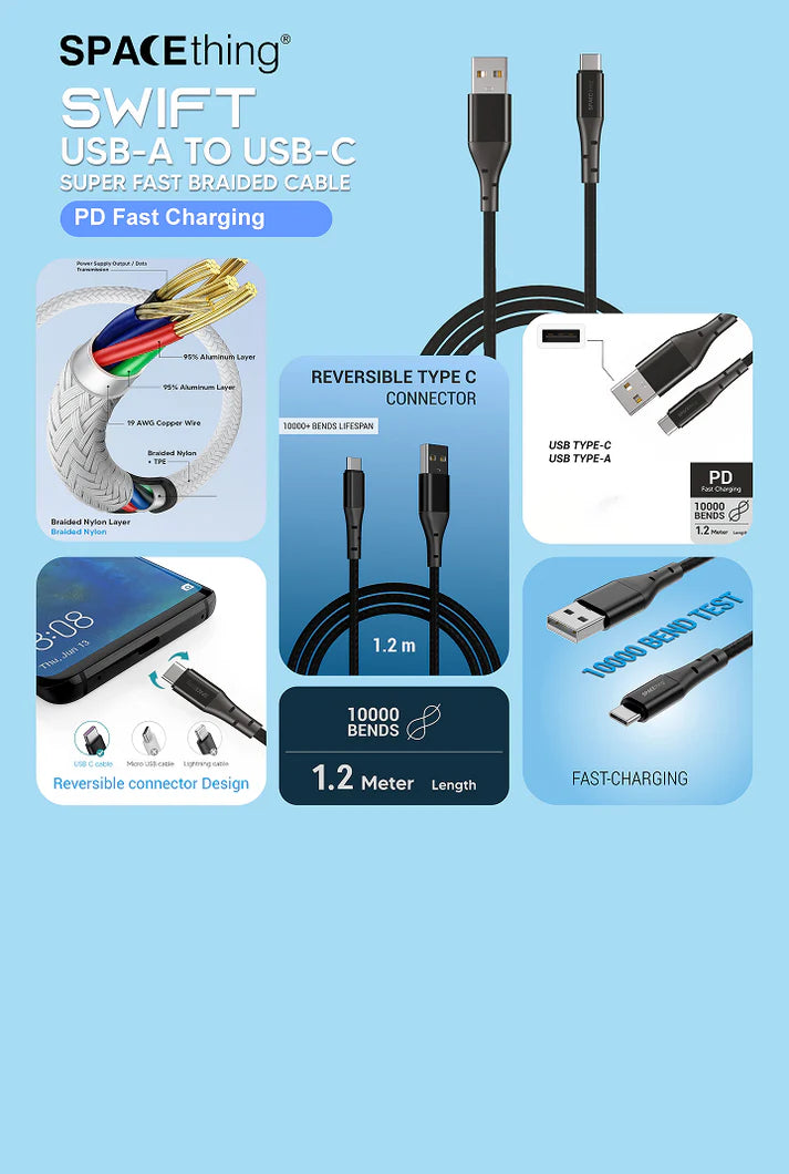 SPACEthing Swift Type-C Cable 60W – Fast Charging USB-C Cable (Black)