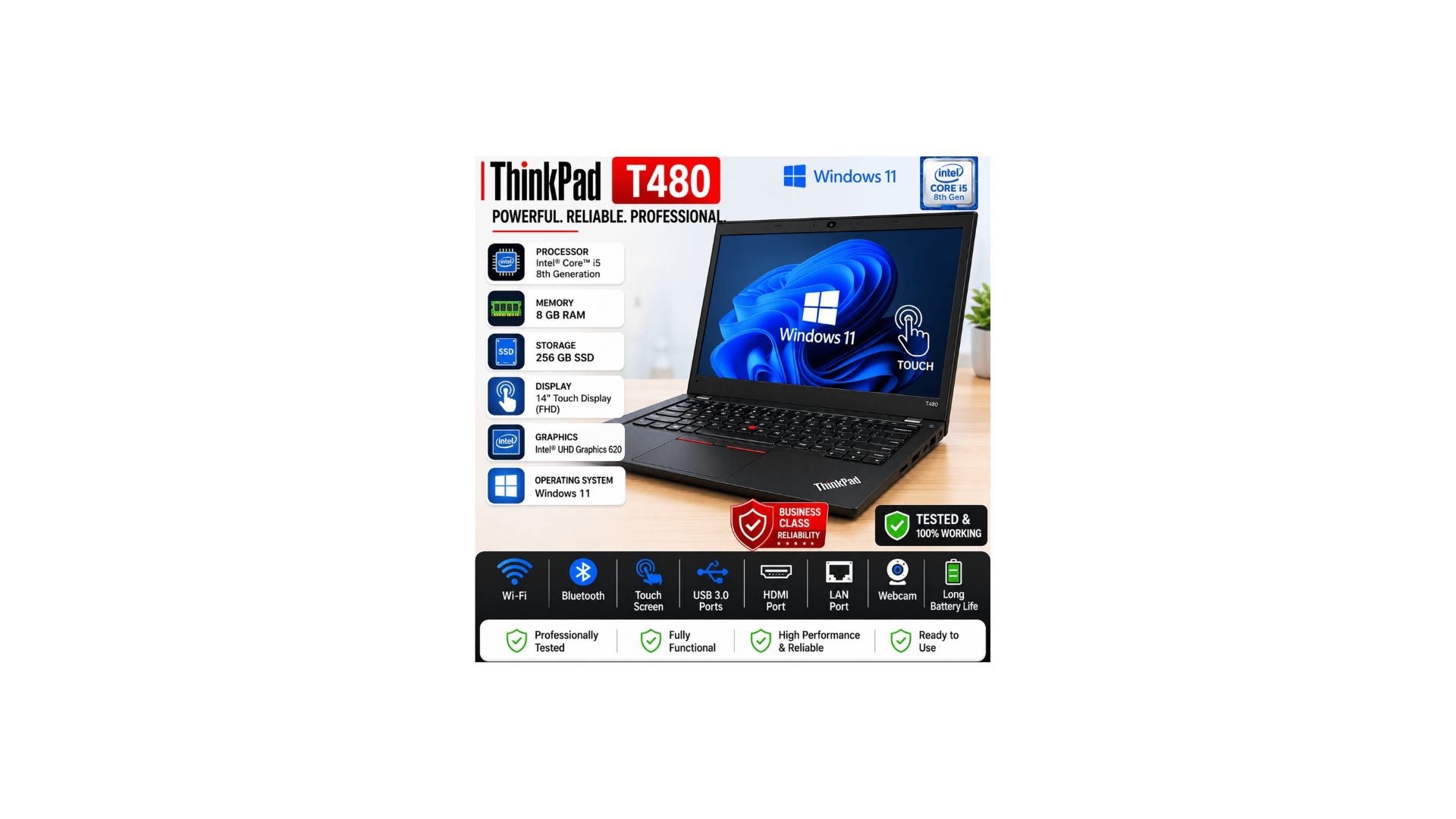 Refurbished Lenovo ThinkPad T480 i5 8th Gen | 8GB RAM | 256GB SSD | 14" Touch | Windows 11