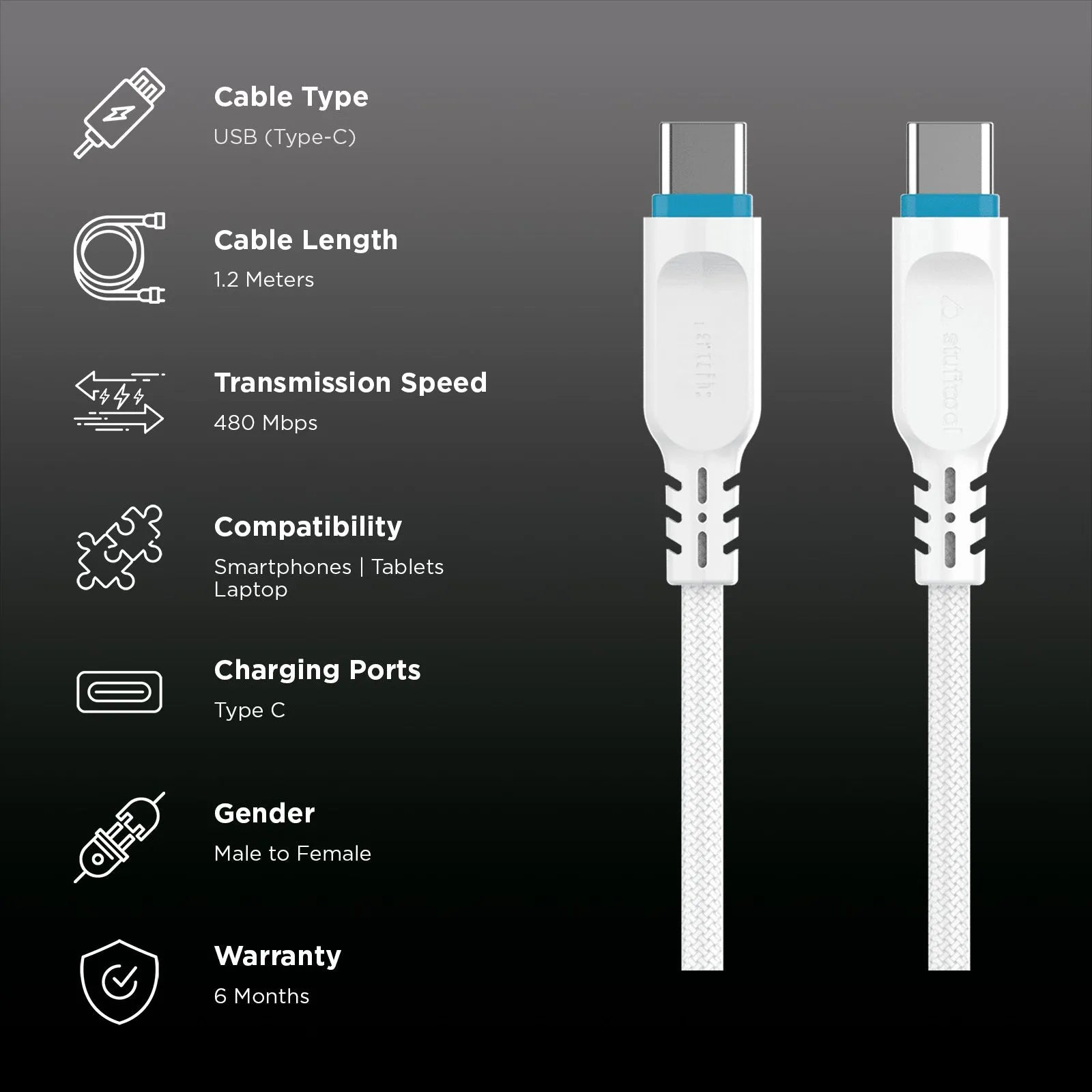 Stuffcool Tug USB-C to USB-C 100W Cable – 5A Braided Fast Charging Cable (White)