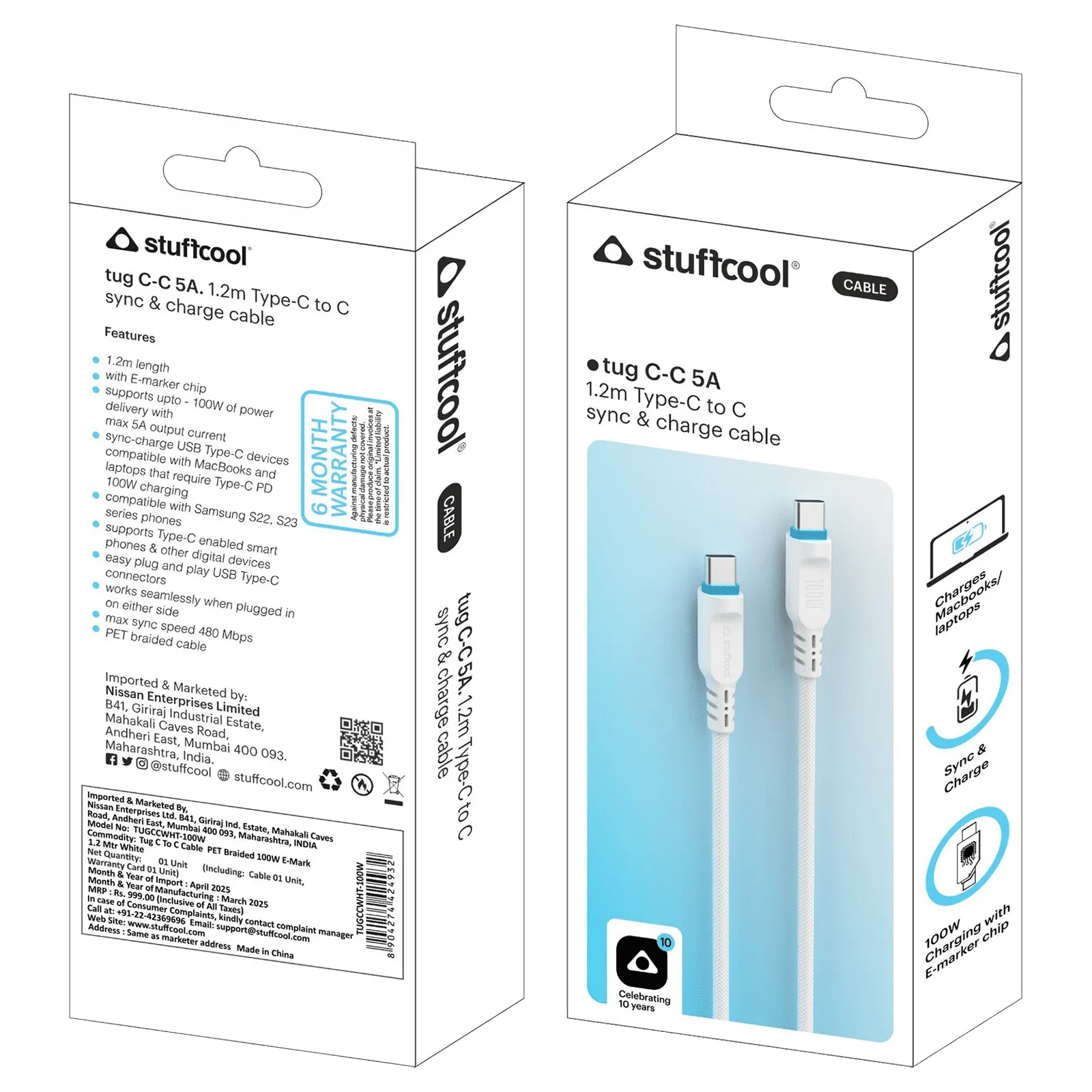 Stuffcool Tug USB-C to USB-C 100W Cable – 5A Braided Fast Charging Cable (White)