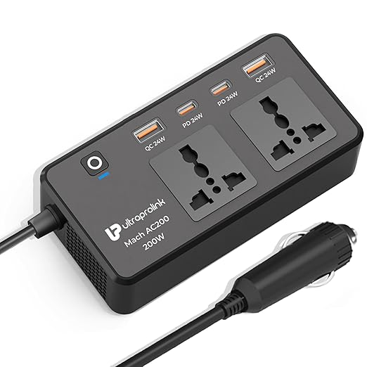 UltraProlink Mach AC 200 6-in-1 Car Charger with AC Socket, USB & Type-C Fast Charging