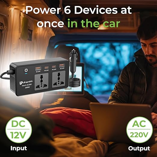 UltraProlink Mach AC 200 6-in-1 Car Charger with AC Socket, USB & Type-C Fast Charging