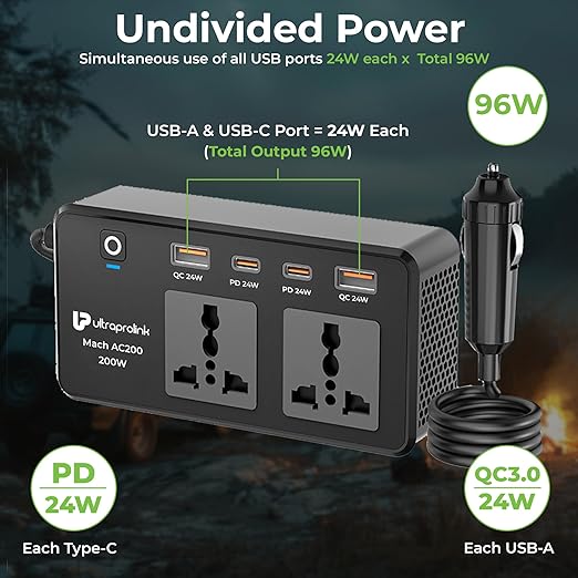 UltraProlink Mach AC 200 6-in-1 Car Charger with AC Socket, USB & Type-C Fast Charging